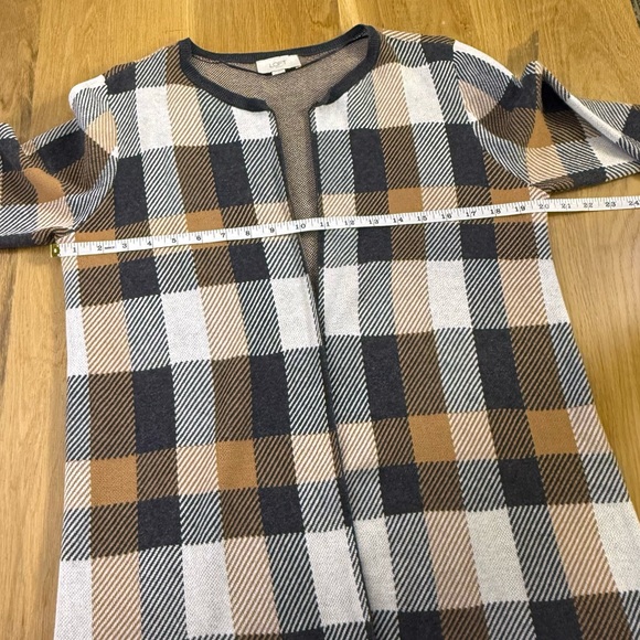 LOFT Plaid checked Open Front Sweater Cardigan Neutral Plaid Women’s Size Medium - Picture 4 of 6